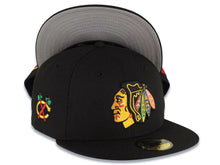 Load image into Gallery viewer, Chicago Blackhawks New Era NHL 59FIFTY 5950 Fitted Cap Hat Black Crown/Visor Team Color Logo Axe Side Patch Gray UV
