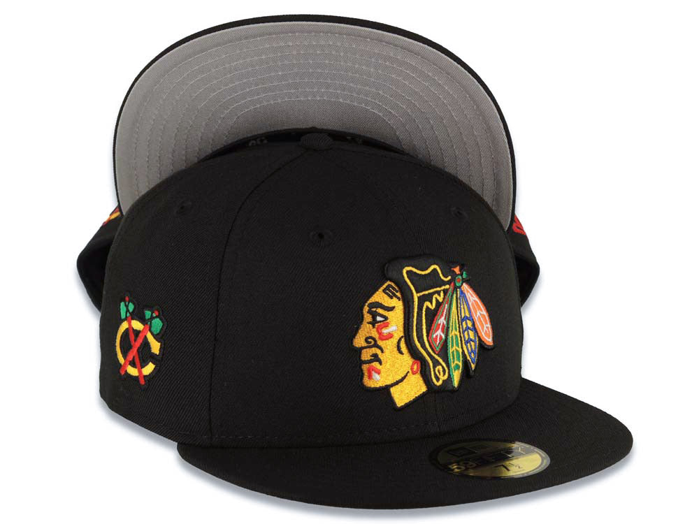 Chicago Blackhawks New Era NHL 59FIFTY 5950 Fitted Cap Hat Black Crown/Visor Team Color Logo Axe Side Patch Gray UV