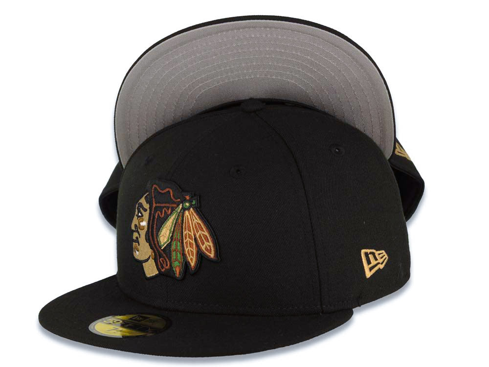 Chicago Blackhawks New Era NHL 59FIFTY 5950 Fitted Cap Hat Black Crown/Visor Khaki/Black/Green Logo Gray UV