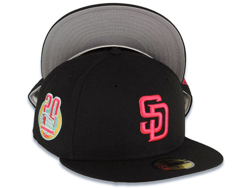 San Diego Padres New Era MLB 59FIFTY 5950 Fitted Cap Hat Black Crown/Visor Magenta Logo 20 Anniversary Petco Park Side Patch Gray UV
