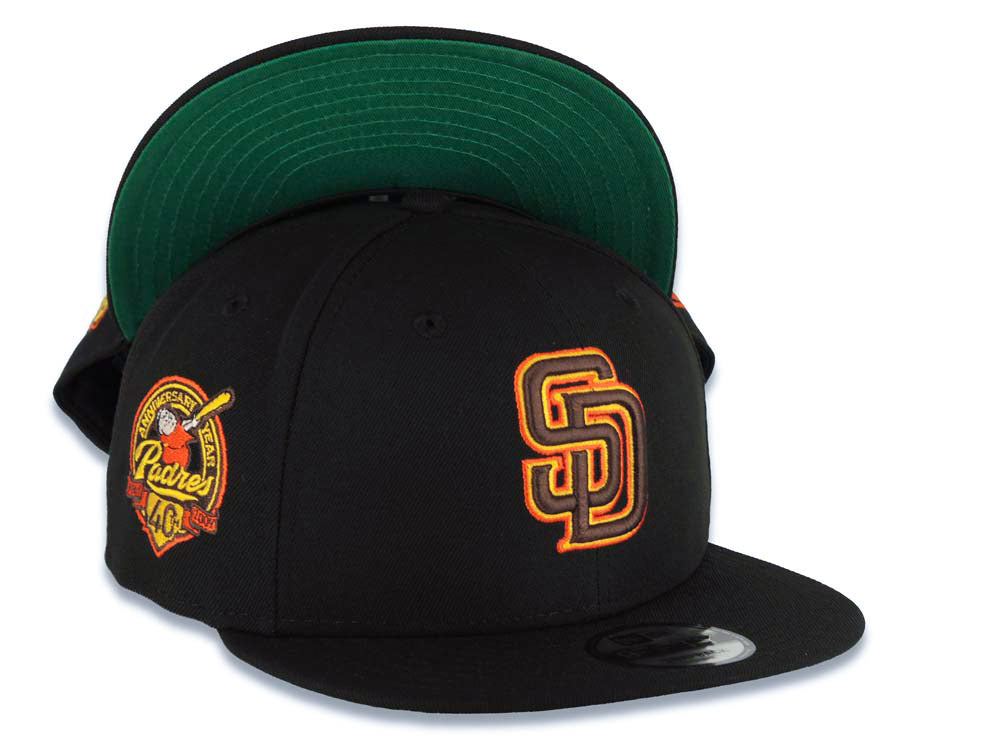 San Diego Padres New Era MLB 9FIFTY 950 Snapback Cap Hat Black Crown/Visor Brown/Yellow/Orange Logo 40th Anniversary Side Patch Green UV