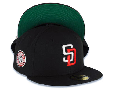 San Diego Padres New Era MLB 59FIFTY 5950 Fitted Cap Hat Black Crown/Visor White/Red Logo Aztec Side Patch
