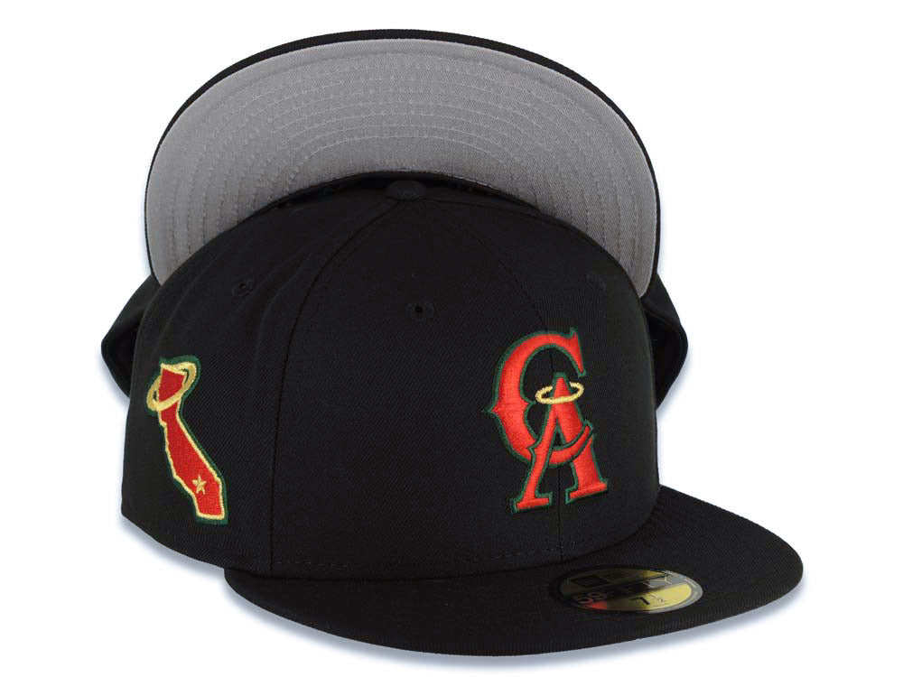 Los Angeles Anaheim Angels New Era MLB 59FIFTY 5950 Fitted Cap Hat Black Crown/Visor Red/Dark Green CA Logo California State With Halo Patch Gray UV