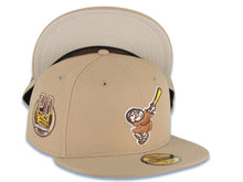 Load image into Gallery viewer, San Diego Padres New Era MLB 59FIFTY 5950 Fitted Cap Hat Khaki Crown/Visor Brown/Yellow Swinging Friar Logo 20th Anniversary Petco Park Side Patch
