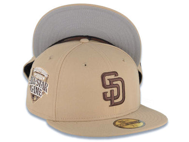 San Diego Padres New Era MLB 59FIFTY 5950 Fitted Cap Hat Khaki Crown/Visor Brown Logo 1992 All-Star Game Side Patch Gray UV
