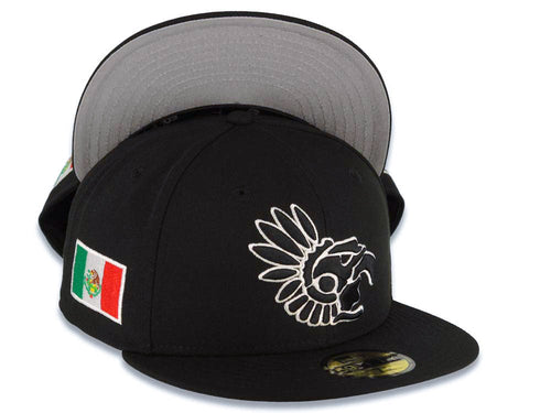 Mexico Aztec New Era WBC 59FIFTY 5950 Fitted Cap Hat Black Crown/Visor White Logo Mexico Flag Side Patch Gray UV