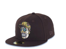 Load image into Gallery viewer, San Diego Padres New Era MLB 59FIFTY 5950 Fitted Cap Hat Dark Brown Crown/Visor Team Color Skeleton Skull Logo 40th Anniversary Side Patch Yellow UV
