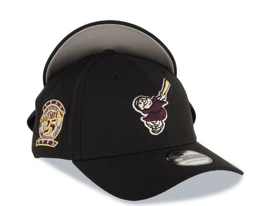 San Diego Padres New Era MLB 39THIRTY 3930 Flexfit Cap Hat Black Crown/Visor Maroon/Yellow Swinging Friar Logo 25th Anniversary Side Patch Gray UV