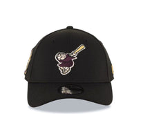 Load image into Gallery viewer, San Diego Padres New Era MLB 39THIRTY 3930 Flexfit Cap Hat Black Crown/Visor Maroon/Yellow Swinging Friar Logo 25th Anniversary Side Patch Gray UV
