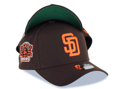 San Diego Padres New Era MLB 9FORTY 940 Adjustable A-Frame Cap Hat Brown Crown/Visor Orange Logo Stadium Side Patch Green UV