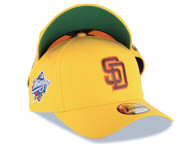 San Diego Padres New Era MLB 9FORTY 940 Adjustable A-Frame Cap Hat Yellow Crown/Visor Brown/Orange Logo 1998 World Series Side Patch Green UV