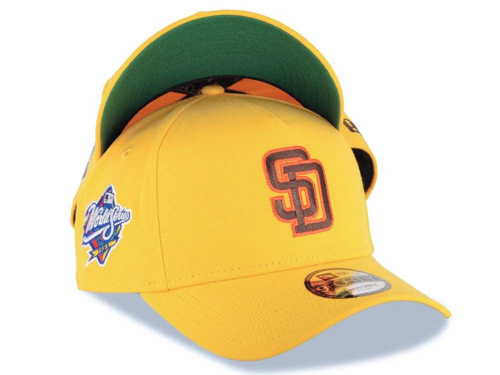 San Diego Padres New Era MLB 9FORTY 940 Adjustable A-Frame Cap Hat Yellow Crown/Visor Brown/Orange Logo 1998 World Series Side Patch Green UV