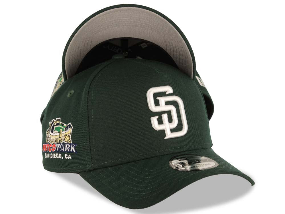 San Diego Padres New Era MLB 9FORTY 940 Adjustable A-Frame Cap Hat Dark Green Crown/Visor White Logo Petco Park Side Patch Gray UV