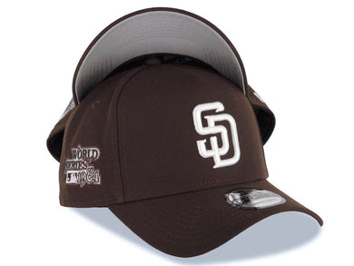 San Diego Padres New Era MLB 9FORTY 940 Adjustable A-Frame Cap Hat Brown Crown/Visor White Logo 1984 World Series Side Patch Gray UV