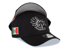 Load image into Gallery viewer, Mexico Aztec New Era 9FORTY 940 Adjustable A Frame Cap Hat Black Crown/Visor White Logo Mexico Flag Side Patch Gray UV
