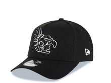 Load image into Gallery viewer, Mexico Aztec New Era 9FORTY 940 Adjustable A Frame Cap Hat Black Crown/Visor White Logo Mexico Flag Side Patch Gray UV
