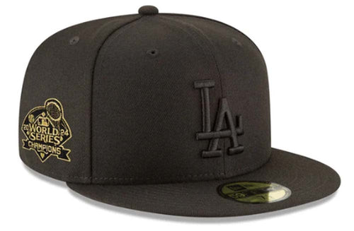 Los Angeles Dodgers New Era MLB 59FIFTY 5950 Fitted Cap Hat Black Crown/Visor Black Logo 2024 World Series Champions Side Patch Gray UV