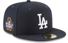 Load image into Gallery viewer, Los Angeles Dodgers New Era MLB 59FIFTY 5950 Fitted Cap Hat Navy Crown/Visor White Logo 2024 World Series Side Patch Gray UV
