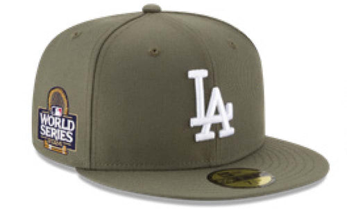Los Angeles Dodgers New Era MLB 59FIFTY 5950 Fitted Cap Hat Olive Crown/Visor White Logo 2024 World Series Side Patch Gray UV