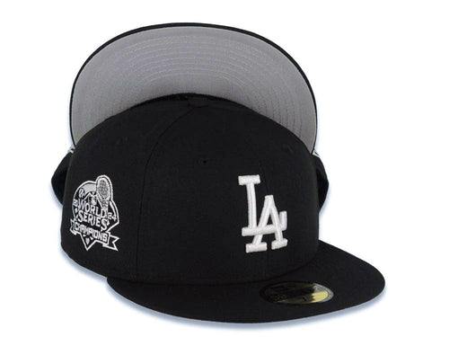 Los Angeles Dodgers New Era MLB 59FIFTY 5950 Fitted Cap Hat Black Crown/Visor White Logo 2024 World Series Champions Side Patch