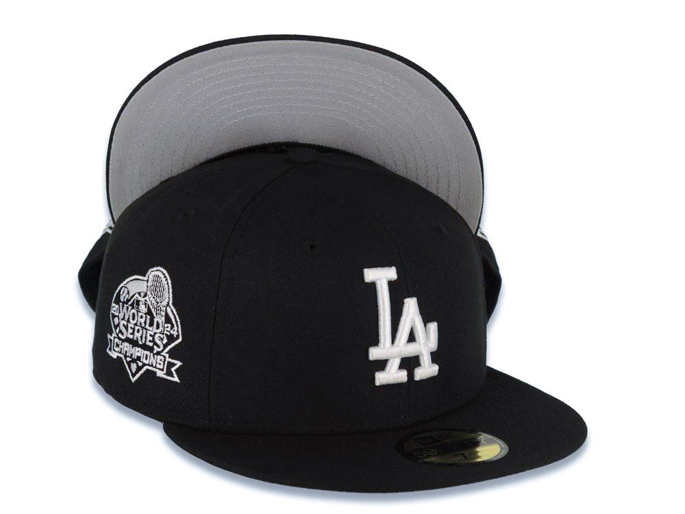 Los Angeles Dodgers New Era MLB 59FIFTY 5950 Fitted Cap Hat Black Crown/Visor White Logo 2024 World Series Champions Side Patch