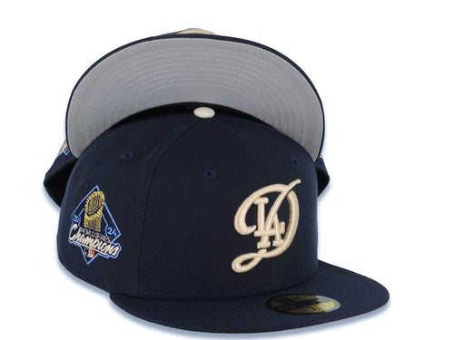 Los Angeles Dodgers New Era MLB 59FIFTY 5950 Fitted Cap Hat Navy Blue Crown/Visor Cream Logo 2024 World Series Champions Side Patch