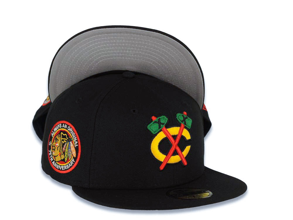 Chicago Blackhawks New Era NHL 59FIFTY 5950 Fitted Cap Hat Black Crown/Visor Team Color Axe Logo 75th Anniversary Side Patch Gray UV