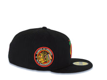 Load image into Gallery viewer, Chicago Blackhawks New Era NHL 59FIFTY 5950 Fitted Cap Hat Black Crown/Visor Team Color Axe Logo 75th Anniversary Side Patch Gray UV
