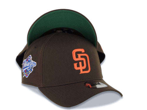 San Diego Padres New Era MLB 9FORTY 940 Adjustable A-Frame Cap Hat Brown Crown/Visor Orange Logo 1998 World Series Side Patch Green UV