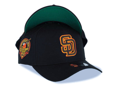 San Diego Padres New Era MLB 9FORTY 940 Adjustable A-Frame Cap Hat Black Crown/Visor Brown/Yellow/Orange Logo 40th Anniversary Side Patch Green UV