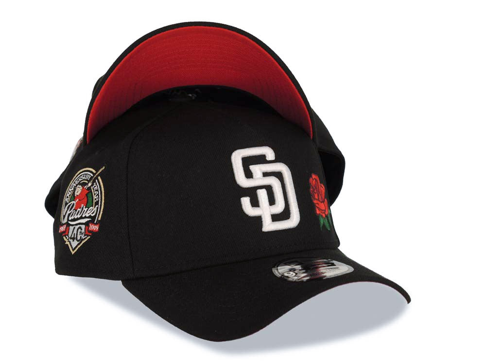 San Diego Padres New Era MLB 9FORTY 940 Adjustable A-Frame Cap Hat Black Crown/Visor White Logo With Rose 40th Anniversary Side Patch Red UV