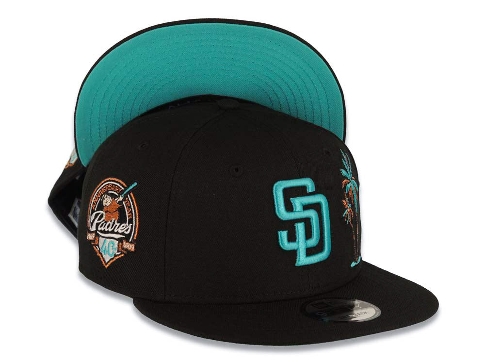 San Diego Padres New Era MLB 9FIFTY 950 Snapback Cap Hat Black Crown/Visor Teal/Metallic Brown Logo With Pal Trees 40th Anniversary Side Patch Teal UV