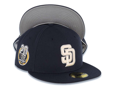 San Diego Padres New Era MLB 59FIFTY 5950 Fitted Cap Hat Navy Crown/Visor Cream Logo 20th Years Petcopark Side Patch