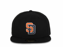 Load image into Gallery viewer, San Diego Padres New Era MLB 59FIFTY 5950 Fitted Cap Hat Black Crown/Visor Orange/Navy Blue/White Logo Batterman Batty Side Patch
