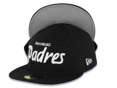 San Diego Padres New Era MLB 59FIFTY 5950 Fitted Cap Hat Black Crown/Visor White Script/Text Logo