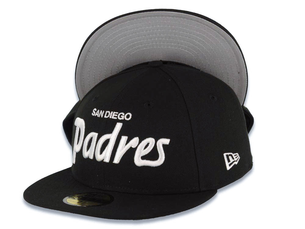 San Diego Padres New Era MLB 59FIFTY 5950 Fitted Cap Hat Black Crown/Visor White Script/Text Logo