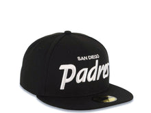 Load image into Gallery viewer, San Diego Padres New Era MLB 59FIFTY 5950 Fitted Cap Hat Black Crown/Visor White Script/Text Logo
