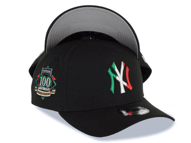 New York Yankees New Era MLB 9FORTY 940 Adjustable A-Frame Cap Hat Black Crown/Visor Green/White/Red Logo 100th Anniversary Stadium Side Patch