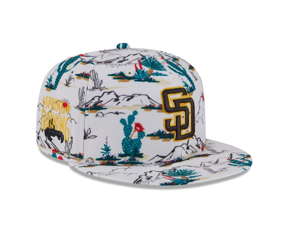 San Diego Padres New Era MLB 9FIFTY 950 Snapback Cap Hat Cream Crown/Visor Brown/Yellow Logo (2025 Spring Training)