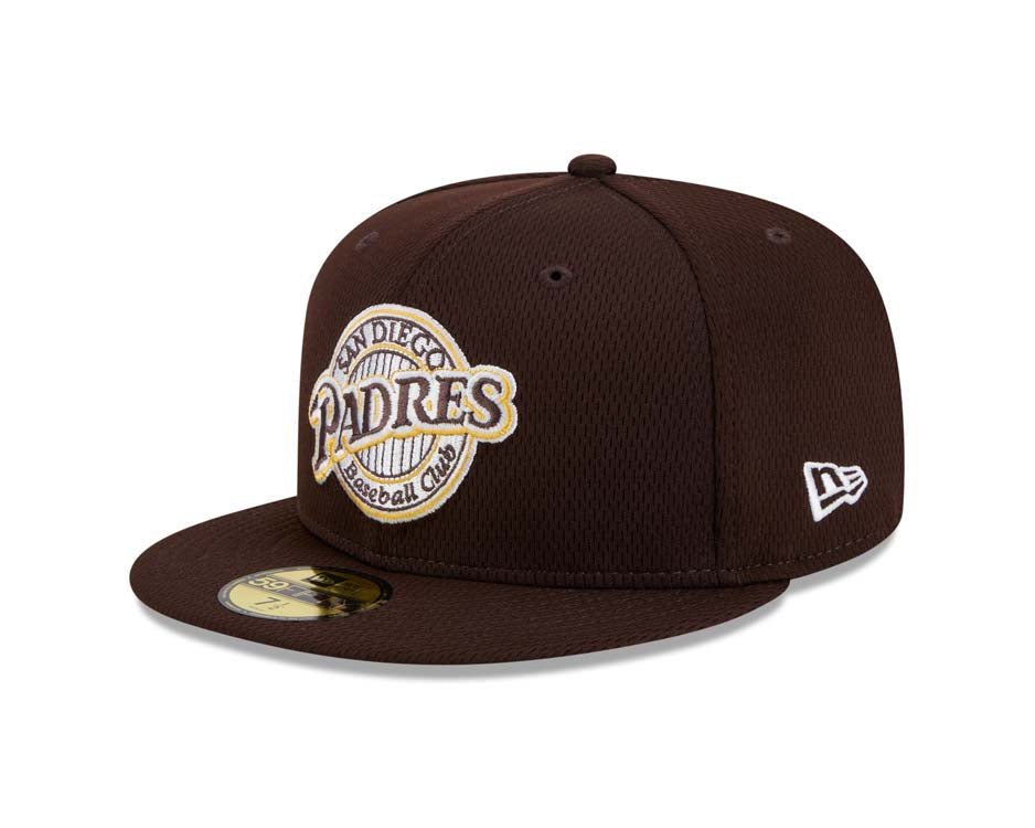 (Youth) San Diego Padres New Era MLB 59FIFTY 5950 Kid Fitted Cap Hat Brown Crown/Visor Brown/Yellow Baseball Club Logo (2025 Clubhouse)