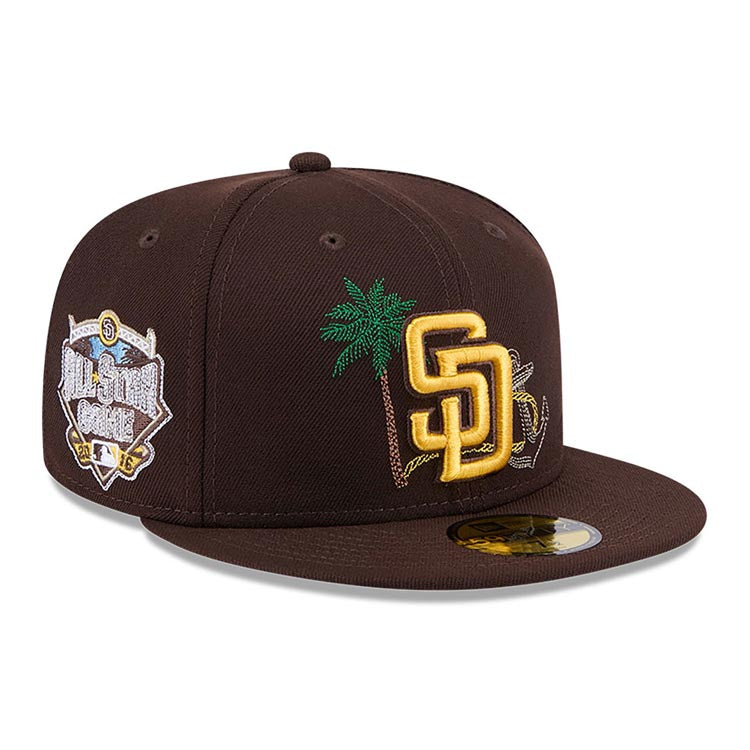 San Diego Padres New Era MLB 59FIFTY 5950 Fitted Cap Hat Brown Crown/Visor Yellow Logo 2016 All-Star Game (State Stitch)