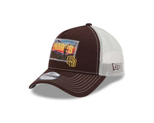 Load image into Gallery viewer, San Diego Padres New Era MLB 9FORTY 940 Adjustable A-Frame Mesh Trucker Cap Hat Brown Crown/Visor Yellow/Brown Patch with Small Logo
