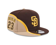 Load image into Gallery viewer, San Diego Padres New Era MLB 9FIFTY 950 Snapback Cap Hat Brown/Yellow/Tan Crown/Visor Yellow Logo Tatis Jr. 23 Side Patch
