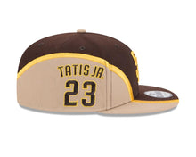 Load image into Gallery viewer, San Diego Padres New Era MLB 9FIFTY 950 Snapback Cap Hat Brown/Yellow/Tan Crown/Visor Yellow Logo Tatis Jr. 23 Side Patch
