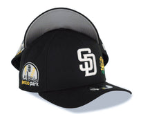 Load image into Gallery viewer, San Diego Padres New Era MLB 9FORTY 940 Adjustable A-Frame Cap Hat Black Crown/Visor White Logo With Yellow Rose 10th Anniversary Petcopark Side Patch
