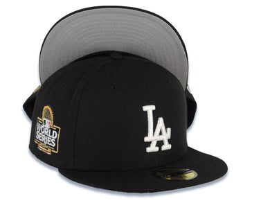 Los Angeles Dodgers New Era MLB 59FIFTY 5950 Fitted Cap Hat Black Crown/Visor White Logo 2024 World Series Side Patch Gray UV