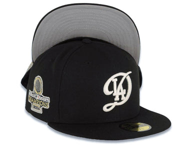 Los Angeles Dodgers New Era MLB 59FIFTY 5950 Fitted Cap Hat Black Crown/Visor City Connect White Logo 2024 World Series Side Patch Gray UV