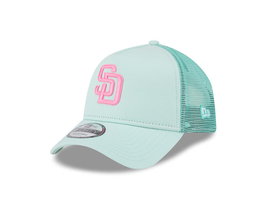 San Diego Padres New Era MLB 9FORTY 940 Adjustable A-Frame Mesh/Trucker Cap Hat Light Teal Crown/Visor Magenta Logo (2022 City Connect)