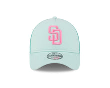 Load image into Gallery viewer, San Diego Padres New Era MLB 9FORTY 940 Adjustable A-Frame Mesh/Trucker Cap Hat Light Teal Crown/Visor Magenta Logo (2022 City Connect)

