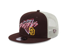 Load image into Gallery viewer, San Diego Padres New Era MLB 9FIFTY 950 Snapback Trucker/Mesh Cap Hat Brown Crown/Visor Pink/Blue/Yellow Script/Text Logo 

